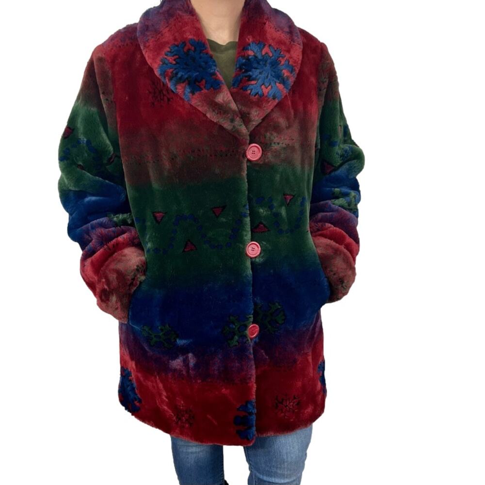 Vintage 90s Aztec Snowflake Faux Fur Coat Oversized Boho Ski Jacket Medium